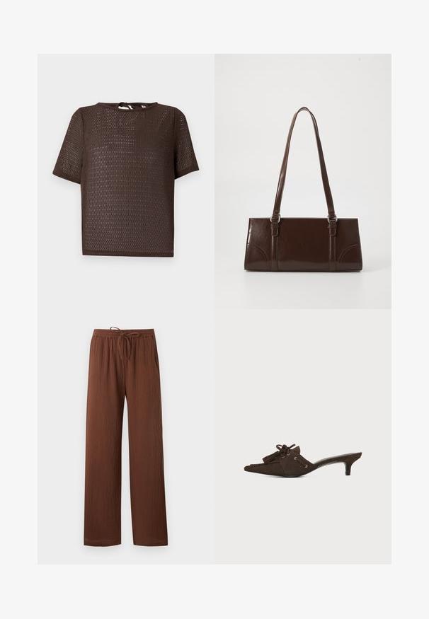 Haut en maille marron à manches courtes avec encolure ronde et fermeture nouée en forme de trou de serrure au dos sur fond clair.; Pantalon marron texturé coupe ample avec une taille élastique et un cordon ajustable, jambes droites et poches latérales.; Mule en daim marron avec bout pointu, petit talon kitten, lacets noués en nœud et détails à pompons sur fond blanc.; Sac à main en cuir verni marron de forme rectangulaire, avec deux longues poignées et des accents courbés subtils à l'avant.
