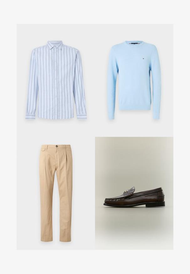 Lichtblauwe, textuurdichte, lange mouw crewneck trui met klein geborduurd logo op de linkerborst en geribde manchetten en zoom.; Lichtblauw overhemd met lange mouwen, voorzien van witte en marineblauwe verticale strepen, met button-down kraag en knoopsluiting aan de voorkant. Frisse stoftextuur.; Beige katoenen herenrechtpijpspantalon met voorzakken, riemlussen, knoopsluiting en ritssluiting op een witte achtergrond.; Donkerbruine leren loafer met een lage zwarte hak, moccasinnaad en een decoratieve band over de bovenkant.