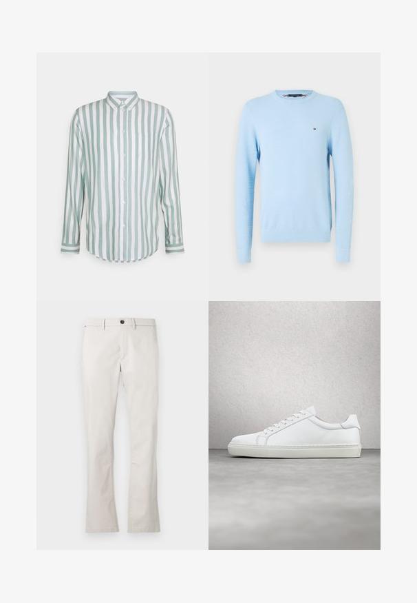 Pull en maille texturée bleu clair à manches longues et col rond, avec un petit logo brodé sur la poitrine gauche et des bords côtelés aux poignets et à l'ourlet.; Chemise en coton à manches longues avec des rayures verticales vert menthe et blanches, fermeture à boutons, col, poche poitrine simple et ourlet incurvé.; Pantalons en coton beige clair avec une coupe droite, fermeture à bouton et poches latérales. Texture lisse, sans motifs ni accents visibles.; Sneaker blanche avec une tige en cuir lisse et un profil bas. Présente un bout arrondi, six œillets et une semelle en caoutchouc texturé.