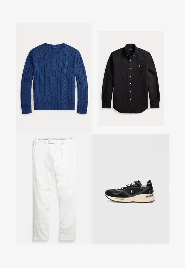 Mørkeblå kabelstrikket crewneck sweater med lange ærmer og ribbede cuffs og kant, mærket Polo Ralph Lauren.; Sort langærmet skjorte med knapper, knappet krave og lille gul Polo Ralph Lauren-logo på venstre bryst.; Hvide bomulds-chinos med flad front, bæltestropper, sidelommer og en glat tekstur, med en blå indvendig linning.; Sort og grå sneaker med cremefarvet sål og snørebånd, der har et lille hvidt hestelogo og "Ralph Lauren" branding på hælen.