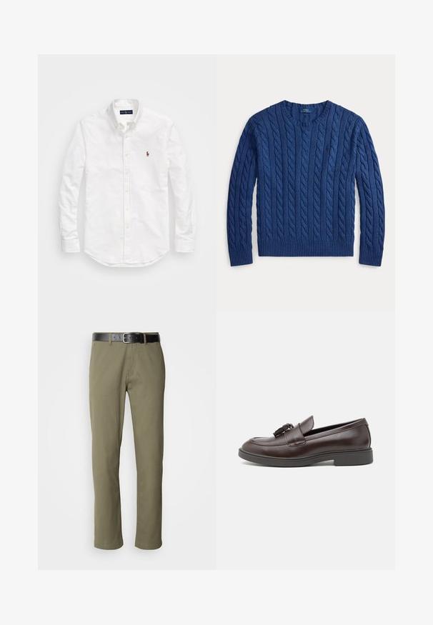 Tumesinine nööriga kudumine ümmarguse kaelusega sviiter pikkade varrukatega, ribitud mansettide ja allääriga, brändiga Polo Ralph Lauren.; Valge puuvillane särk, pikad varrukad, kõver alläär ja rinnal väike tikitud logo.; Oliivrohelised sirged püksid, mis on valmistatud puuvillast, musta nahkrihmaga, nähtava õmblusega ja küljetaskutega.; Prune nahkloferid ümarate varvastega, dekoratiivse tutiga, tikanditega ning madalate kummist kontsadega lisamugavuse nimel.