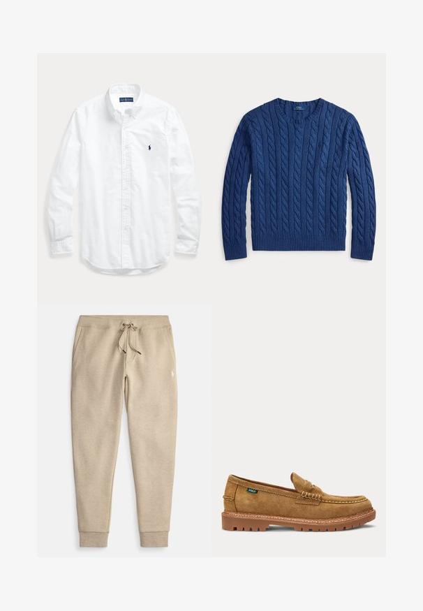 Mørkeblå kabelstrikket crewneck sweater med lange ærmer og ribbede cuffs og kant, mærket Polo Ralph Lauren.; Hvid skjorte med lange ærmer, knapper og krave, med lille mørkt logo på venstre bryst, lagt fladt på en lys baggrund.; Beige joggingbukser lavet af blødt stof med snøre i taljen, sidelommer og ribkantede ærmegab. Har et lille logo på låret.; Tan farvet ruskind penny loafer med syet moc toe, robust gummisål og et lille grønt stofmærke på siden.