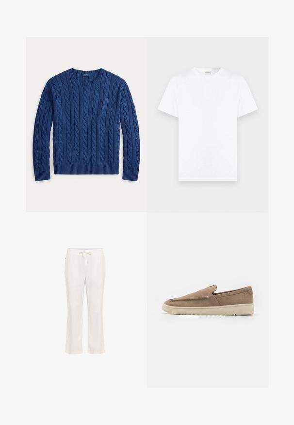 Mørkeblå kabelstrikket crewneck sweater med lange ærmer og ribbede cuffs og kant, mærket Polo Ralph Lauren.; Ensfarvet hvid t-shirt med korte ærmer og rund hals, vist mod en neutral grå baggrund.; Lettere, hvide linnedbukser med elastisk talje og snorbindning. Lige ben-design med en glat tekstur og uden bemærkelsesværdige mønstre.; Slip-on sko lavet af taupe ruskind, der har en glat overflade, minimalistisk design og en beige gummisål med subtile friktionsdetaljer.