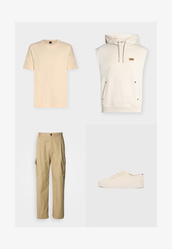Sweat à capuche sans manches couleur crème avec poche kangourou à l'avant, capuche à cordon, ourlet côtelé et petit écusson marron marqué "HUGO" sur la poitrine.; T-shirt beige clair à manches courtes avec col rond et logo discret "BOSS" centré sur la poitrine.; Pantalon cargo beige en tissu résistant, avec une coupe décontractée, des poches latérales et une fermeture par bouton à la taille.; Baskets en toile beige avec bout arrondi, semelle en caoutchouc plate et lacets à l'avant. Présente un design minimaliste et un accent noir contrastant au niveau du talon.