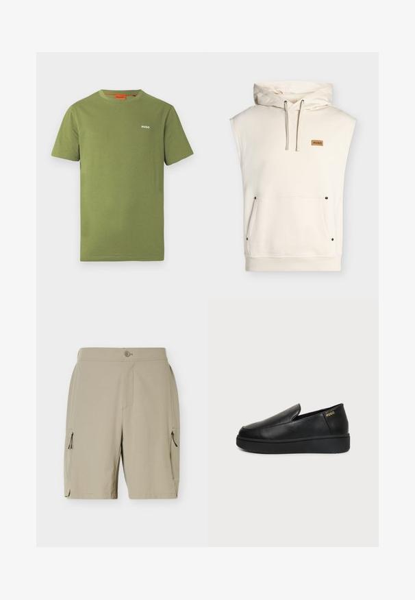 Sweat à capuche sans manches couleur crème avec poche kangourou à l'avant, capuche à cordon, ourlet côtelé et petit écusson marron marqué "HUGO" sur la poitrine.; T-shirt en coton vert olive à manches courtes, col rond, logo blanc "HUGO" sur la poitrine, design uni.; Shorts beiges mi-genoux avec fermeture à boutons et poches zippées de chaque côté, conçus pour un usage décontracté ou en plein air.; Chaussure noire en cuir à enfiler avec semelle épaisse et petits trous de ventilation latéraux, avec un logo doré "HUGO" près du talon.