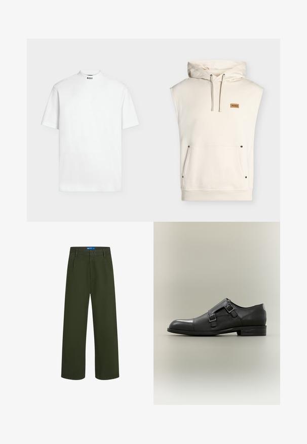 Sweat à capuche sans manches couleur crème avec poche kangourou à l'avant, capuche à cordon, ourlet côtelé et petit écusson marron marqué "HUGO" sur la poitrine.; T-shirt blanc uni à manches courtes avec un col rond montant et « BOSS » imprimé en noir au centre du devant du col.; Pantalons larges vert olive en tissu léger, dotés d'une fermeture à bouton, de passants de ceinture et de deux poches latérales.; Chaussure habillée à double boucle pour homme en cuir noir, avec une section médiane texturée et un bout poli, semelle plate, et logo embossé sur le talon.