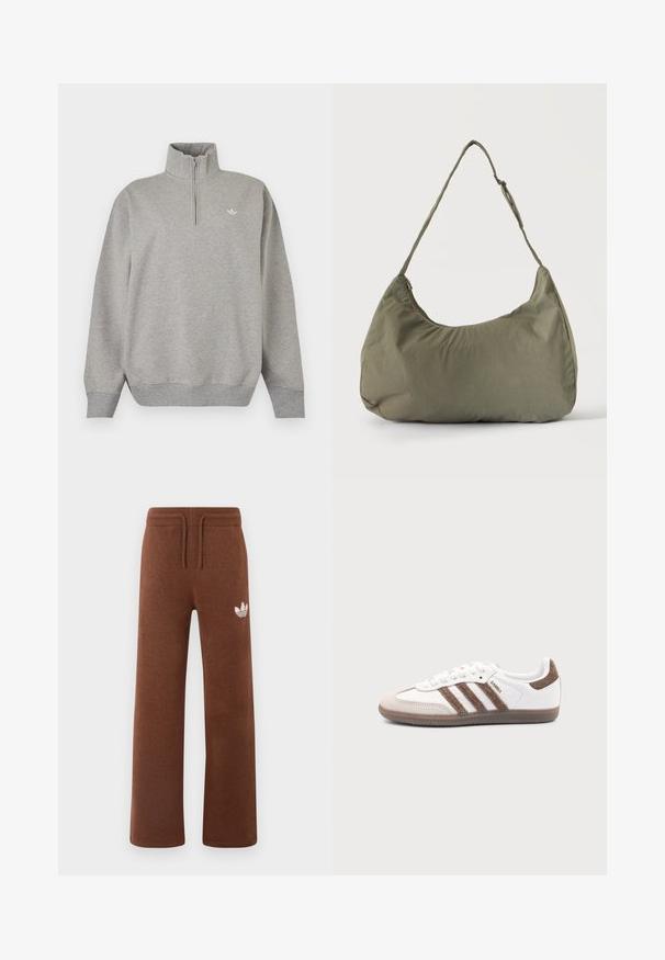 Lichtgrijze trui met lange mouwen, een kwart rits bij de kraag en een klein wit Adidas-logo op de linkerborst.; Bruine sweatpants van zacht materiaal met een relaxte pasvorm, voorzien van een elastische tailleband, koord en een wit logo op de linker dij.; Witte Adidas Samba sneaker met bruine suède strepen, bruine rubberen zool en beige suède neuskap, getoond vanaf de buitenkant op een effen achtergrond.; Schoudertas van zacht olijfgroen stof met ritssluiting en verstelbare band op een effen lichte achtergrond.