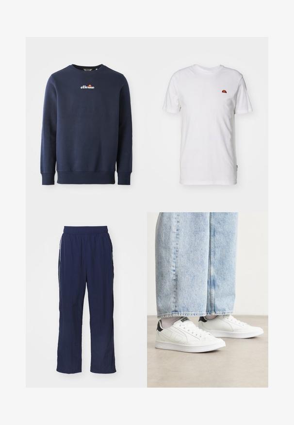 Tumesinine pusak valmistatud pehmest kangast, millel on ümar kaelus ja soonikud varrukatel. Erkkollane "ellesse" logo, millel on värvilised aktsendid.; Valge puuvillane T-särk lühikeste varrukatega ja ümara kaelusega. Esipoolt kaunistab väike värviline logo vasakul rinnapiiril. Pehme tekstuur.; Tumesinine kerged püksid elastse vöödiga, lõdva istuvuse ja küljetaskutega ning kontrastsete valgete triipudega külgedel.; Valged tossud siledast nahast tekstuuriga, mustade kanna aktsentide ja perforatsioonidega. Kombineeritud helesiniste avarate denimipükstega.
