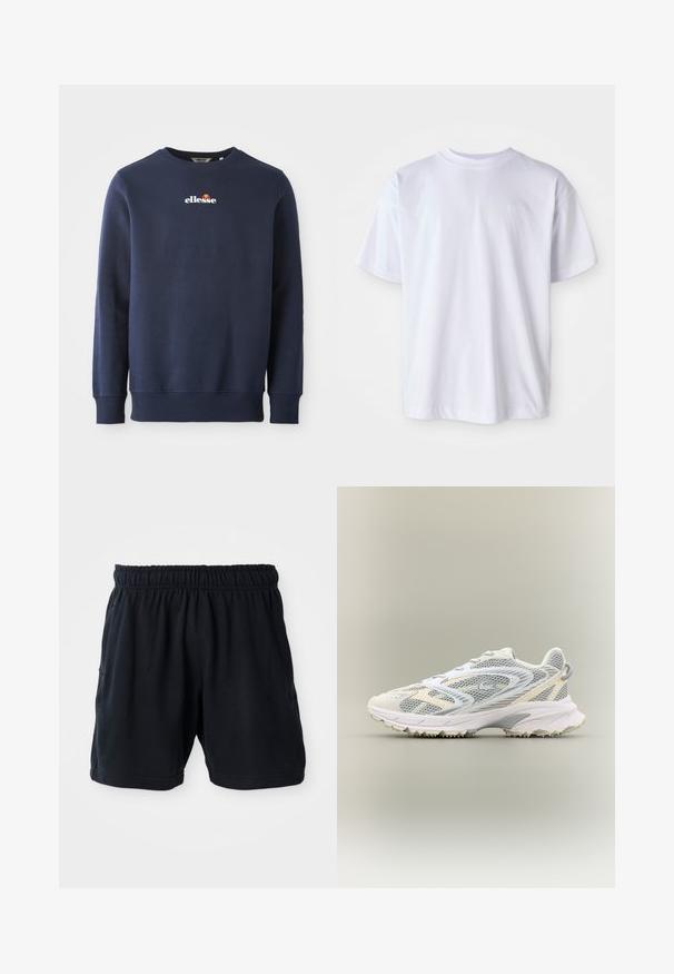 Sudadera azul marino hecha de una tela suave, con cuello redondo y puños acanalados. Logo "ellesse" bordado con acentos de color.; Camiseta blanca de algodón con cuello redondo y mangas cortas. Presenta un logo sutil bordado en un color a juego en el lado izquierdo del pecho.; Shorts deportivos negros hechos de tela suave, con una cinturilla elástica y dos bolsillos laterales para mayor comodidad.; Zapatilla deportiva blanca con paneles de malla gris, superposiciones texturizadas, un collar acolchado y una suela de goma con pequeños picos de tracción.
