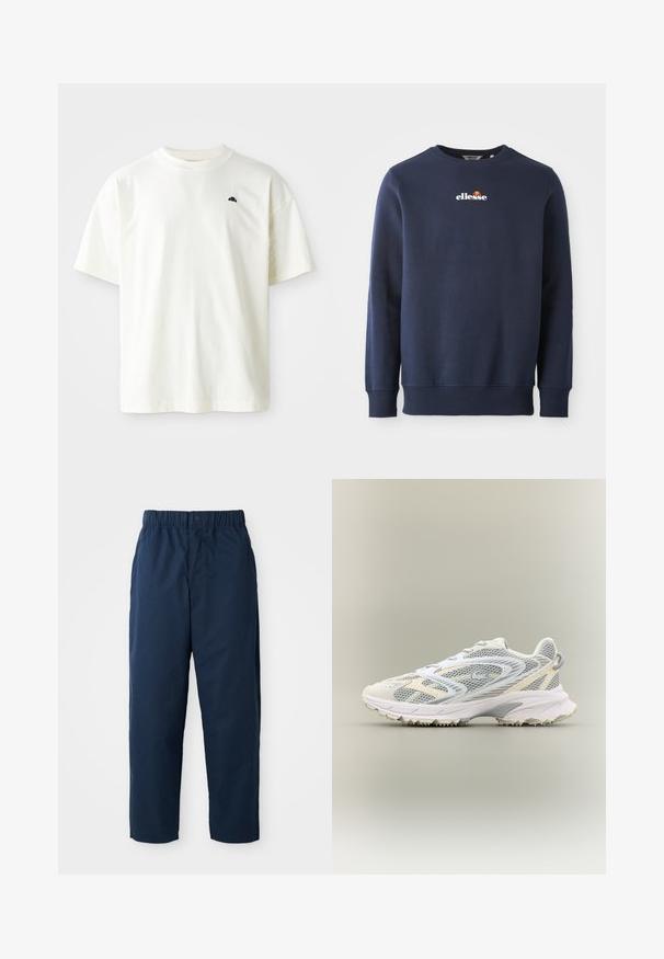 Námornícky modrá mikina vyrobená z mäkkého materiálu, s okrúhlym výstrihom a rebrovanými manžetami. Vyšitý logo "ellesse" s farebnými akcentmi.; Krátky rukáv, tričko s okrúhlym výstrihom v svetlej krémovej farbe, vyrobené z bavlny. Obsahuje malé námornícke logo na ľavej hrudi. Hladká textúra, uvoľnený strih.; Námornícke modré nohavice vyrobené z hladkej látky, s elastickým pásom a gombíkom, priame nohy a žiadne viditeľné vzory ani kovové prvky.; Biele športové topánky s šedými sieťovinovými panelmi, štruktúrovanými prekrytiami, polstrovaným golierom a gumovou podrážkou s malými trakčnými hrotmi.