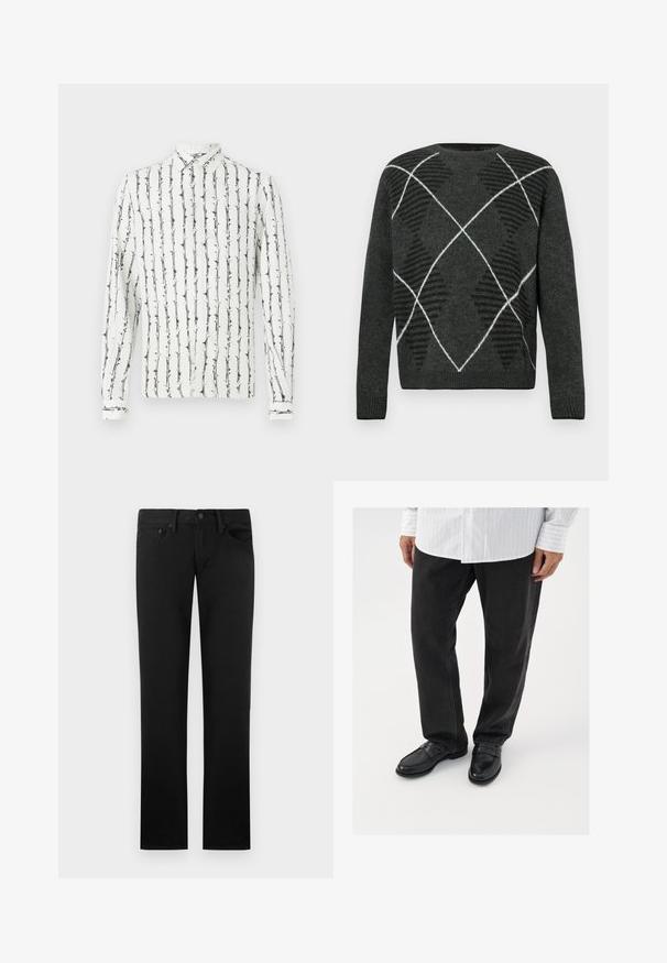 Pull gris foncé avec un motif argyle texturé en noir et blanc. Doté d'un col rond et de poignets côtelés. Tissu doux, manches longues.; Chemise blanche à boutons avec des rayures verticales noires et un motif floral. Manches longues avec des poignets à boutons. Fabriquée en tissu léger.; Jeans noirs à jambes droites avec cinq poches, passants pour ceinture et une fermeture à bouton à la taille, présentés sur un fond uni.; Pantalons en denim noir associés à des mocassins noirs brillants. La chemise est blanche avec de fines rayures verticales, avec des manches longues et un col boutonné.