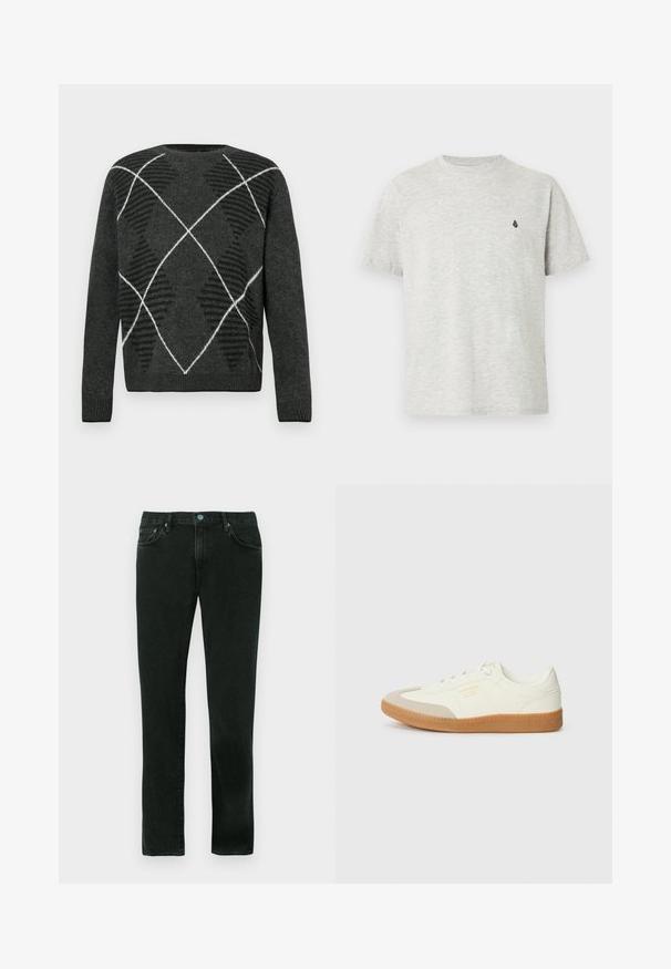 Pull gris foncé avec un motif argyle texturé en noir et blanc. Doté d'un col rond et de poignets côtelés. Tissu doux, manches longues.; T-shirt en coton gris clair à manches courtes, col rond et un petit logo noir sur la poitrine gauche. Texture lisse.; Jean en denim noir avec une coupe droite, présentant un style classique à cinq poches et des accents en métal bleu.; Baskets en cuir blanc avec une coque beige et une semelle en caoutchouc marron clair. Dotées de lacets blancs plats et d'un logo embossé sur le côté.