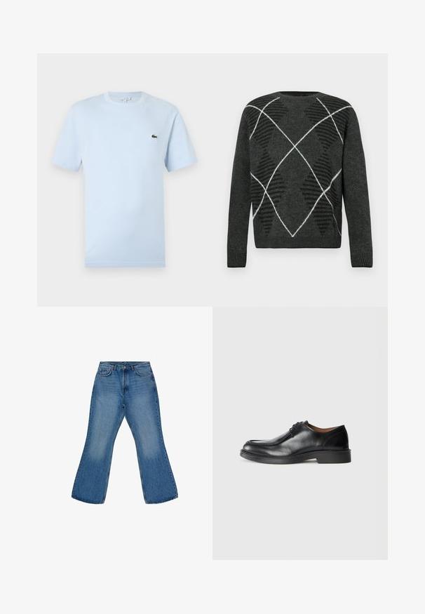 Mørkegrå sweater med et struktureret argyle-mønster i sort og hvid. Har en rund hals og ribbede manchetter. Blødt stof, lange ærmer.; Lyseblå kortærmet T-shirt lavet af blødt bomuldsstof. Har et lille grønt broderet krokodille-logo på brystet.; Lysblå denim wide-leg jeans med mid-rise talje, fem-lomme design og falmede områder på forsiden, der fremhæver det afslappede udseende.; Sorte lædersko med rund tå, glat overflade, snøre detaljer og en lav, tekstureret gummisål. Rene linjer og minimalistisk design.