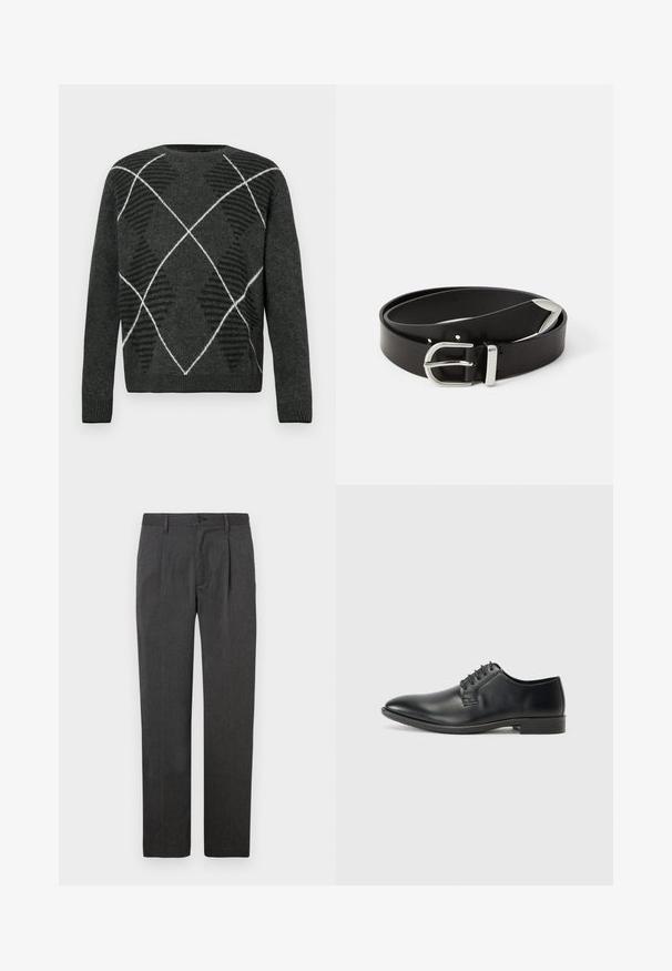 Pull gris foncé avec un motif argyle texturé en noir et blanc. Doté d'un col rond et de poignets côtelés. Tissu doux, manches longues.; Pantalons gris sur mesure avec une coupe droite, dotés d'un pli avant, d'une fermeture éclair et d'un bouton. Texture lisse, design classique.; Chaussure habillée en cuir noir à surface lisse, design à lacets, bout pointu et semelle en caoutchouc profilée basse. Forme et détails minimalistes.; Ceinture en cuir noir avec une boucle en métal argenté, présentant un design classique et une texture lisse. Comprend des trous pour un ajustement flexible.