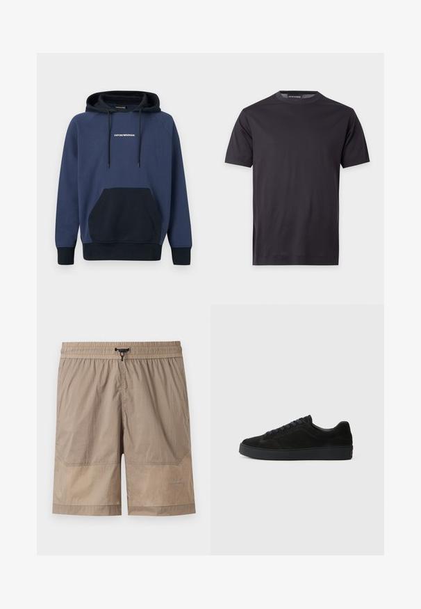 Φούτερ Emporio Armani σε ναυτικό μπλε με μαύρη φόδρα στην κουκούλα, εμπρόσθια τσέπη τύπου καγκουρό και ρυθμιζόμενο κορδόνι στην κουκούλα.; Απλό μαύρο κοντομάνικο μπλουζάκι με στρογγυλή λαιμόκοψη, με μικρό λογότυπο σε τονικό χρώμα στο αριστερό στήθος και ετικέτα με επώνυμη υπογραφή στον λαιμό.; Μπεζ ανδρικά σορτς με ελαστική μέση, μαύρο ρυθμιζόμενο κορδόνι και διακριτικό λογότυπο AGW στο κάτω δεξί πόδι.; Μαύρο σουέτ αθλητικό παπούτσι με επίπεδη, υφασμάτινη σόλα, στρογγυλή μύτη, έξι θηλιές για κορδόνια και μινιμαλιστικό σχεδιασμό.