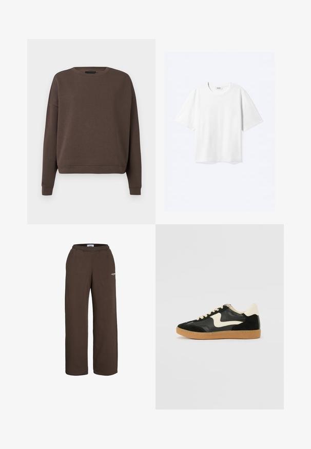 Pruun sweatshird ümmarguse kaelusega, pikad varrukad ja soonikkudel. Valmistatud pehmest kangast, millel on sile tekstuur ja mugav lõige.; Valge lühikeste varrukatega T-särk ümmarguse kaelusega ja sirge äärega, kaeluses sees kaubamärgiga "WEEKDAY" silt.; Pruunid laia säärega dressipüksid elastse vöökohaga ja väike valge tekstilogoga ülemisel reiel valge tausta ees.; Must musta ja nahast sneakersid, millel on koorevärvi külgsuund ja hele koorik. Omab beeži paelu ja kummi kummist välistalla.