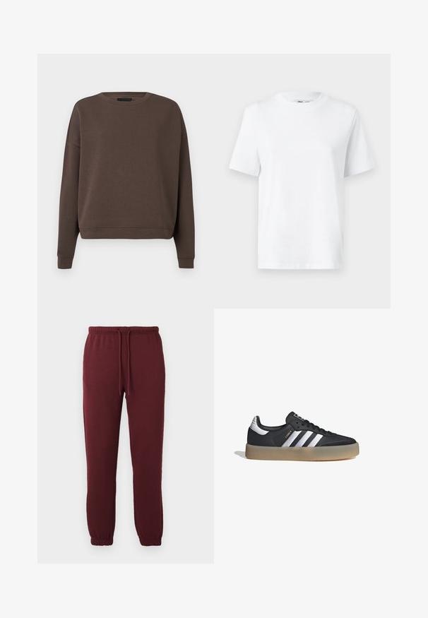 Sudadera marrón con cuello redondo, mangas largas y puños acanalados. Fabricada con una tela suave de textura lisa y un corte relajado.; Camiseta de algodón blanca de cuello redondo con mangas cortas y una textura suave. Diseñada con un ajuste relajado para mayor comodidad y versatilidad.; Pantalones de chándal burdeos con cintura elástica, cordón, bolsillos laterales y puños elásticos sobre un fondo blanco liso.; Zapatilla deportiva de cuero negro con tres rayas plateadas, punta texturizada y suela de goma. Cuenta con un collar acolchado y un diseño con cordones.