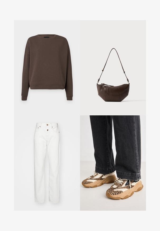 Brun sweatshirt med rund halsudskæring, lange ærmer og ribbede manchetter. Fremstillet af blødt stof med en glat tekstur og en afslappet pasform.; Hvide denimjeans med lige ben design; har en knap- og lynlåslukning, beige syninger og forlommer.; Sneakers med leopardprint og mesh- og læderpaneler, tan-gummisål og kontrasterende sorte accenter. Båret med løstsiddende mørke jeans.; Brun læder skuldertaske med buet bund og justerbar rem mod en ensfarvet lys baggrund.