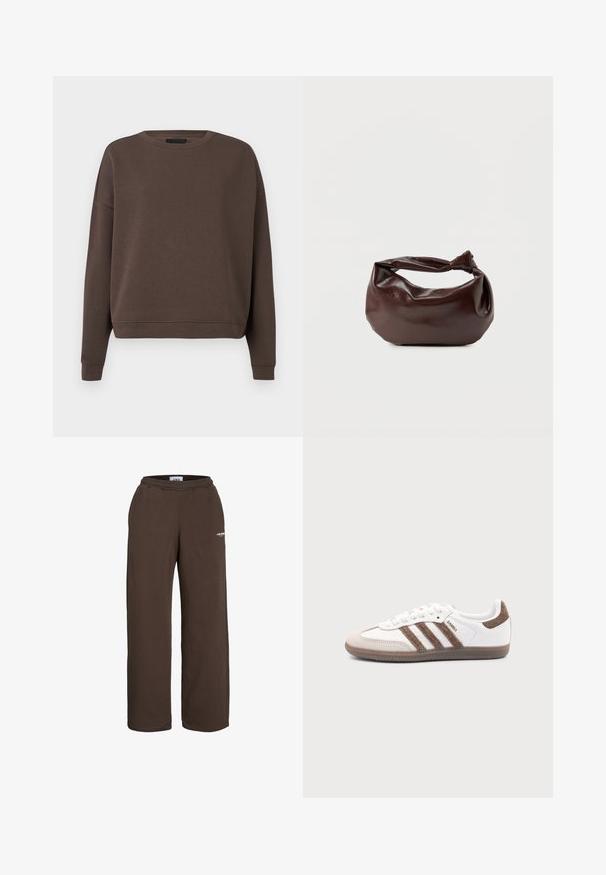 Brun sweatshirt med rund halsudskæring, lange ærmer og ribbede manchetter. Fremstillet af blødt stof med en glat tekstur og en afslappet pasform.; Brune vidde-buksede joggingbukser med elastisk talje og lille hvid tekstlogo på den øverste lår mod en hvid baggrund.; Hvid Adidas Samba sneaker med brune ruskindstriber, brun gummisål og beige ruskindståhætte, vist fra ydersiden på en ensfarvet baggrund.; Mørkebrun læder skuldertaske med en blød, afslappet form og et snoet knudehåndtag på en ensartet hvid baggrund.