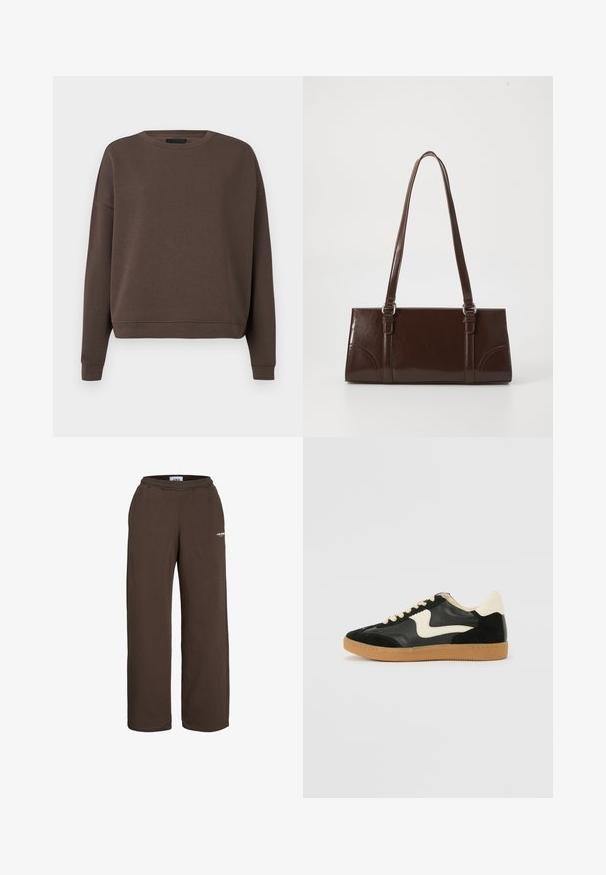 Bruine sweatshirt met een ronde hals, lange mouwen en geribbelde manchetten. Gemaakt van zachte stof met een gladde textuur en een ontspannen pasvorm.; Bruine sweatpants met wijde pijpen, elastische tailleband en een klein wit tekstlogo op het bovenbeen, tegen een witte achtergrond.; Zwarte suède en leren sneaker met een crèmekleurige zij-swoosh en lichte crèmekleurige hiel. Voorzien van beige veters en een gumrubberen zool.; Bruine lakleren handtas met een rechthoekige vorm, twee lange handvatten en subtiele gebogen accenten aan de voorkant.
