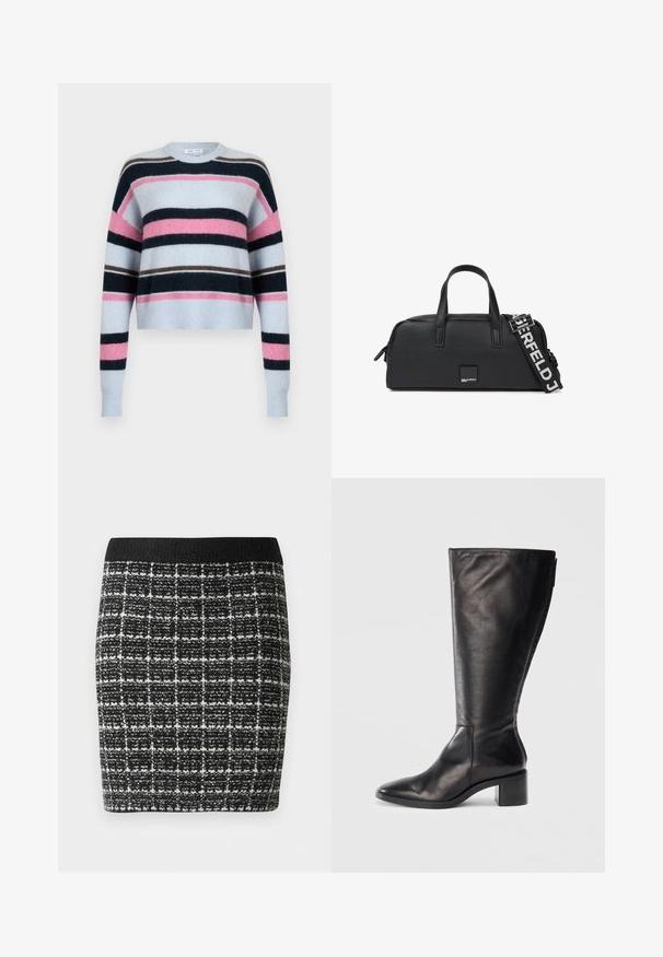 Lyseblå cropped sweater med horisontale striber i marineblå, pink og brun. Blød tekstur med ribbede manchetter og halsudskæring.; Sort-hvid ternet nederdel med et tekstureret stof, der har en sort talje og en tætsiddende silhuet.; Sorte læderknæhøje støvler med firkantet tå, blokhæle og et stilrent design. Glat tekstur med en sideskift for nem påtagning.; Sort rektangulær håndtaske med to håndtag og en aftagelig sort-hvid rem med teksten "KARL LAGERFELD".