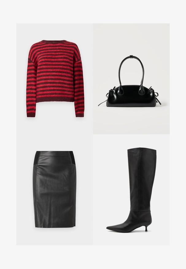 Gestreifter Pullover in Rot und Dunkelrot, runder Halsausschnitt, lange Ärmel, weicher Stoff, gerippter Saum, cropped Design.; Schwarzer Leder-Bleistiftrock mit einer taillierten Passform, glatter Textur und elastischen Taillenbund-Akzenten an beiden Seiten. Flacher Saum am unteren Ende.; Knöchelhohe schwarze Lederstiefel mit einer spitz zulaufenden Zehenpartie und einem Kitten-Heel. Glatte Textur und minimalistisches Design ohne sichtbare Beschläge oder Akzente.; Kleine schwarze glänzende Handtasche mit zwei langen Griffen und seitlichen Kordelzug-Details vor einfachem hellem Hintergrund.