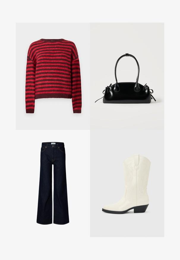 Rød og mørkerød stribet sweater, rund halsudskæring, lange ærmer, blød tekstur, ribbet kant, cropped design.; Mørkeblå bredbenede denimjeans med frontknap og lynlås, bæltestropper og frontlommer, vist på en hvid baggrund.; Hvid western-støvle til midt på læggen med spids tå, sort stablet hæl, dekorative sømme og trækflap på skaftet.; Lille sort blank håndtaske med to lange håndtag og snøre-detaljer i siden på en ensfarvet lys baggrund.