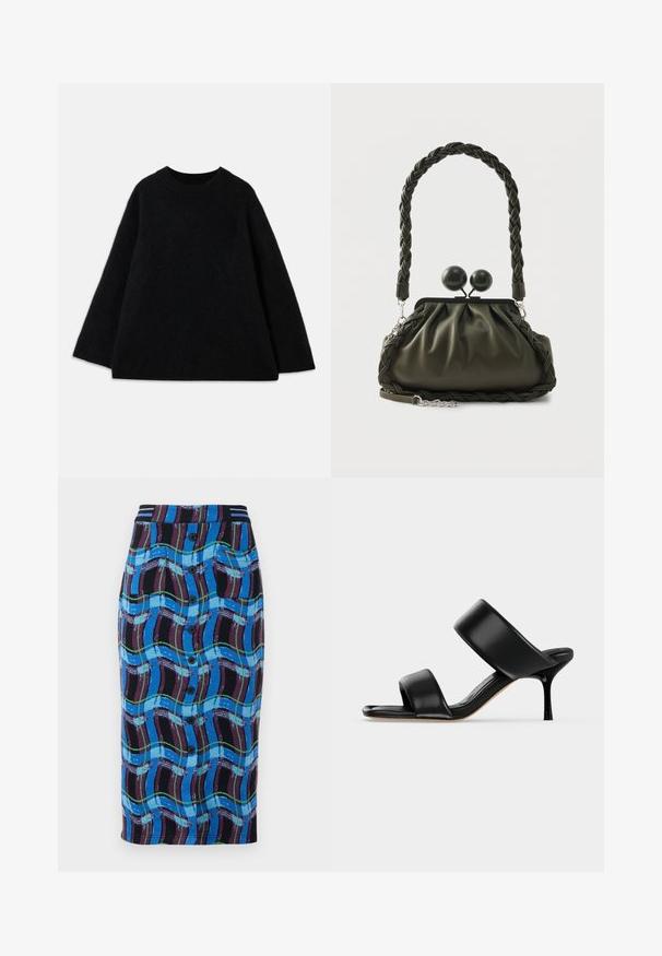 Pull en laine noir à manches longues avec un col rond et une coupe décontractée, présenté sur un fond blanc uni.; Jupe midi bleue avec un motif de vagues multicolores, dotée d'une taille noire, de boutons à l'avant et de deux poches latérales.; Sandale mule en cuir noir avec deux larges brides et un talon stiletto fin de hauteur moyenne sur un fond clair uni.; Sac à main en cuir vert olive avec poignée tressée et ferrures argentées, présentant un design froncé et des détails de fermoirs ronds sur le dessus.