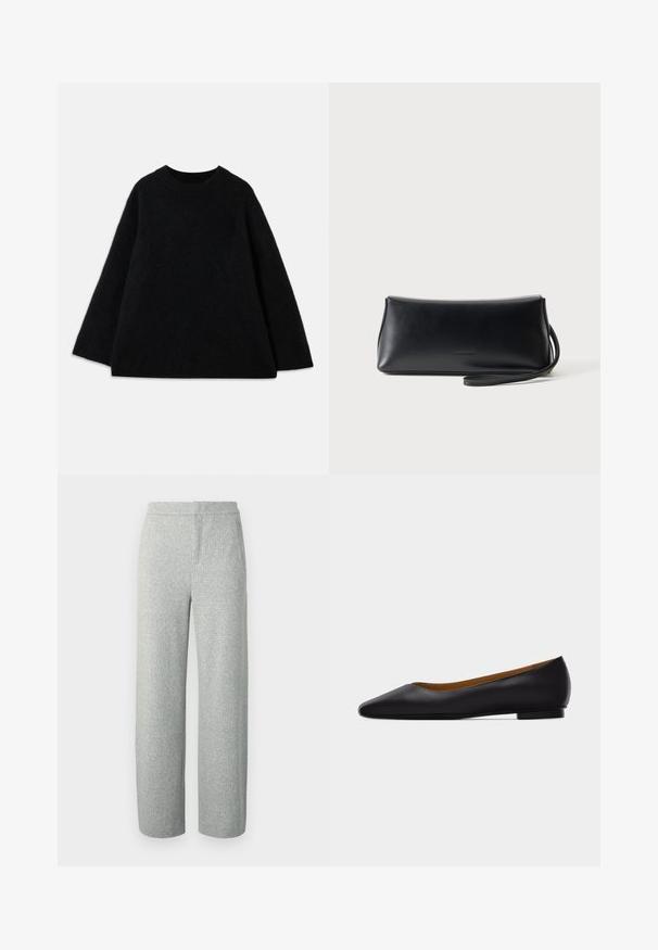 Pull en laine noir à manches longues avec un col rond et une coupe décontractée, présenté sur un fond blanc uni.; Pantalon tissé gris clair avec une texture chinée subtile, présentant une coupe large et une ceinture plate, sans éléments métalliques visibles ni poches.; Chaussure plate en cuir noir à bout pointu avec talon bas et finition lisse, vue de côté sur un fond gris clair.; Pochette en cuir noir lisse avec une fine lanière de poignet, forme rectangulaire, et logo embossé subtil centré sur le devant.