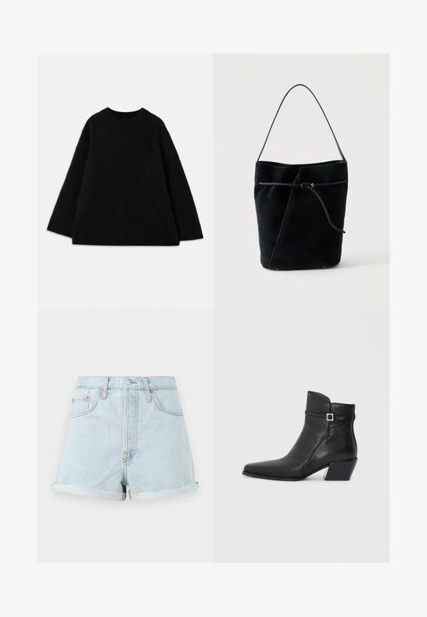 Sort langærmet uldtrøje med rund hals og afslappet pasform, vist på en ensfarvet hvid baggrund.; Lyseblå denim shorts med høj talje, opadvendte manchetter, kobbernitter og en frontlynlås. Har klassisk fem-lomme stil.; Sorte læder ankelstøvler med spids tå, en lav blokhæl og en dekorativ rem med en sølvspænde accent. Glat tekstur.; Sort ruskind skuldertaske med flettet læder snor og en enkelt skulderrem på en ensfarvet hvid baggrund.