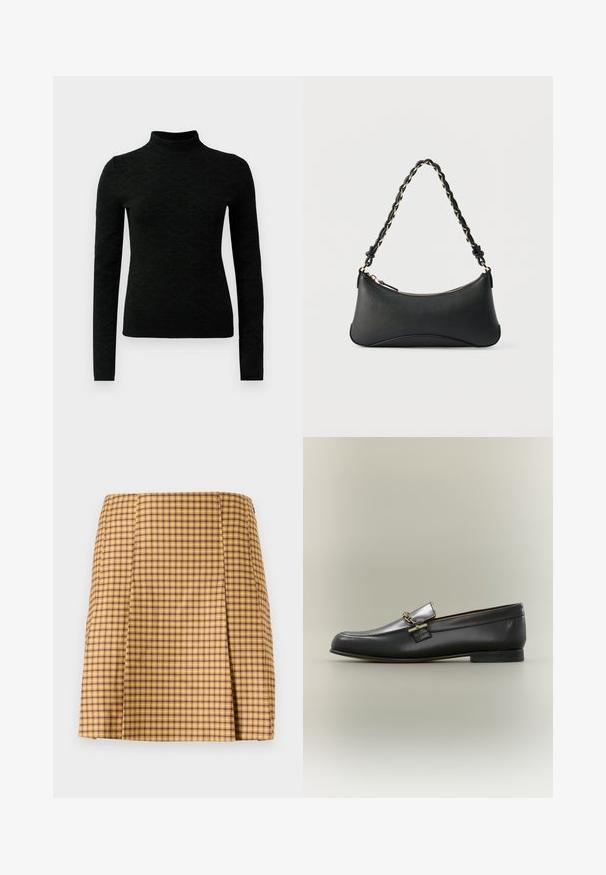 Pull à col roulé noir avec manches longues, présentant un motif texturé et une coupe ajustée. Fabriqué dans un matériau doux et extensible.; Jupe écossaise jaune et violette avec une coupe droite, présentant un léger pli à l'avant et un tissu à texture lisse.; Mocassin en cuir noir avec dessus argenté, détail de chaîne dorée, petit talon et bout arrondi sur fond neutre.; Sac à bandoulière en cuir noir de forme rectangulaire incurvée, avec une chaîne dorée tissée dans la bandoulière noire tressée et une fermeture éclair sur le dessus.