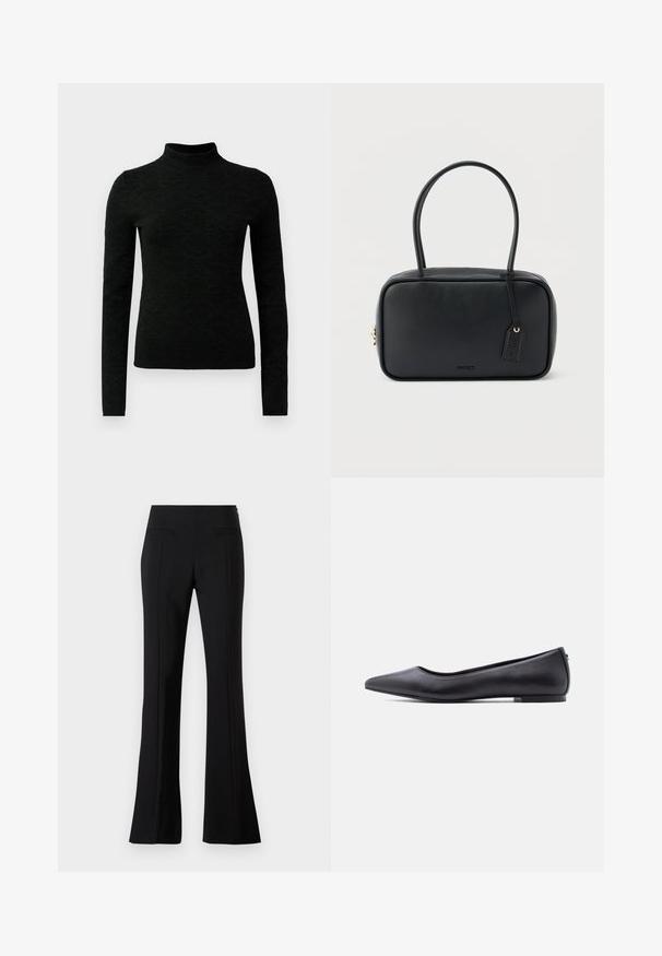Suéter negro de cuello alto con mangas largas, que presenta un patrón texturizado y un diseño ajustado. Hecho de un material suave y elástico.; Pantalones acampanados negros hechos de una tela suave con una cintura alta, que cuentan con dos bolsillos traseros y una línea en el frente de cada pierna.; Zapato plano de cuero negro con punta puntiaguda y tacón bajo, mostrado de perfil contra un fondo blanco.; Bolso rectangular negro con asas dobles redondeadas, cremallera dorada y logo "HUGO" en relieve en el frente con etiqueta de cuero adjunta.