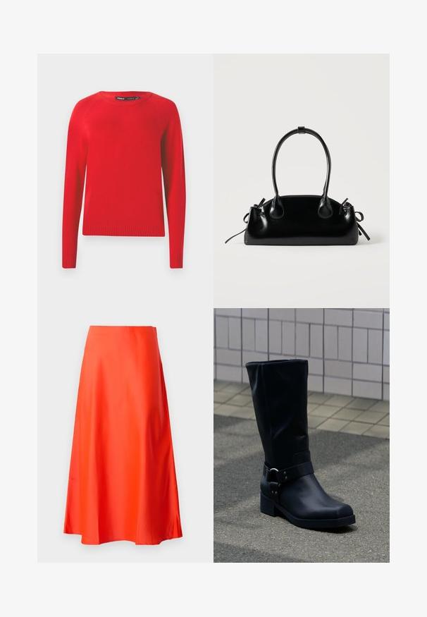 Roter Pullover aus glattem Stoff, mit Rundhalsausschnitt, gerippten Bündchen und Saum. Schlichtes Design mit langen Ärmeln.; Roter Satin-Midirock mit einer glatten Textur, A-Linien-Silhouette und einem subtilen Schwung am Saum. Keine sichtbaren Muster oder Verzierungen.; Schwarzer Lederstiefel bis zur Mitte der Wade mit niedrigem Blockabsatz und dekorativem Riemen mit Metallschnalle um den Knöchel, auf einem gefliesten Gehweg.; Kleine schwarze glänzende Handtasche mit zwei langen Griffen und seitlichen Kordelzug-Details vor einfachem hellem Hintergrund.
