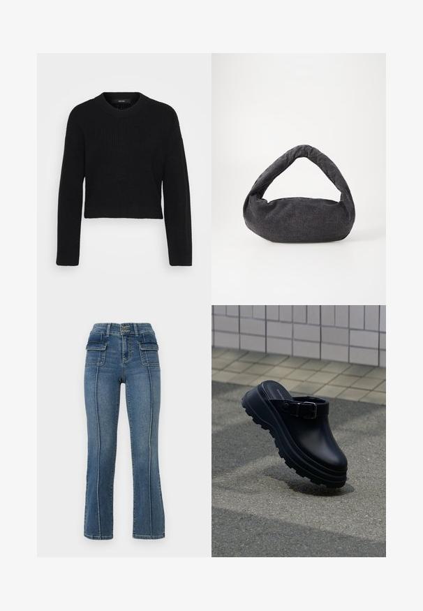 Zwarte cropped sweater gemaakt van gebreide stof. Heeft een ronde halslijn, lange mouwen en een gestructureerd oppervlak met een aansluitende pasvorm aan de onderkant.; ONLY Petite ONLWAUW MID WAIST FLARED - Flared Jeans - medium blue denim; Zwarte instapklomp met dikke grof profielzool en verstelbare band, geplaatst boven asfalt met betegelde muur op de achtergrond.; Donkergrijze stoffen tas met een gebogen handvat, zachte textuur en ronde vorm. Geen zichtbare hardware of versieringen.