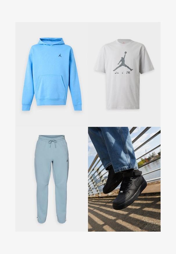 Lyseblå hættetrøje med frontlomme og lille sort Jumpman-logo på venstre bryst.; Hvid T-shirt med korte ærmer med grå silhuet af en basketballspiller, der hopper, og ordet "AIR" trykt under figuren.; Lysblå sweatpants lavet af blødt stof, med elastisk talje og snøre, sidelommer og et lille sort logo på låret.; Sorte Nike Air Force 1 sneakers med læderoverdel, mesh-tunge og gummisål, der har et høj-top design og tykke snørebånd.