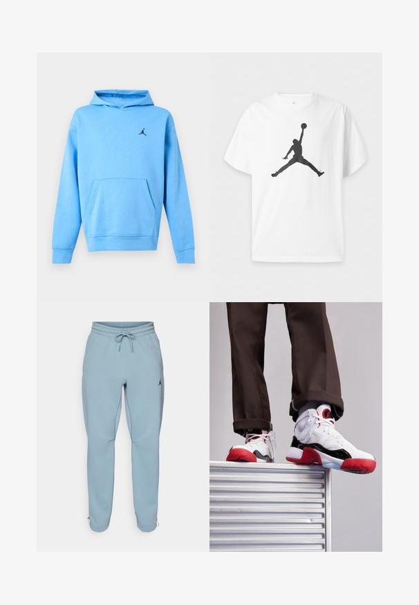 Sudadera con capucha azul claro con bolsillo frontal y pequeño logo negro Jumpman en el pecho izquierdo.; Camiseta blanca de manga corta con una silueta negra de un jugador de baloncesto saltando y sosteniendo un balón por encima de la cabeza en el aire.; Pantalones deportivos de un azul claro, confeccionados en una tela suave, con una waistband elástica y cordón, bolsillos laterales y un pequeño logo negro en el muslo.; Zapatillas deportivas blancas y negras con acentos rojos. Presentan materiales de malla y cuero, punta redondeada y suela de goma texturizada.
