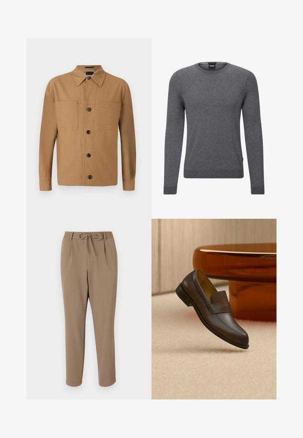 Grå crew-neck sweater lavet af blødt strikket stof. Den har lange ærmer, ribbede manchetter og kant, samt et lille logo-mærke på siden.; BOSS CRAIG - Skjorter - medium beige; Beige tapered bukser med snor i taljen, sidelommer og en glat tekstur. Ingen synlige mønstre eller yderligere accenter.; Mørkebrun læderloafer vist i luften over beige tæppe med et poleret rundt træbord i baggrunden.