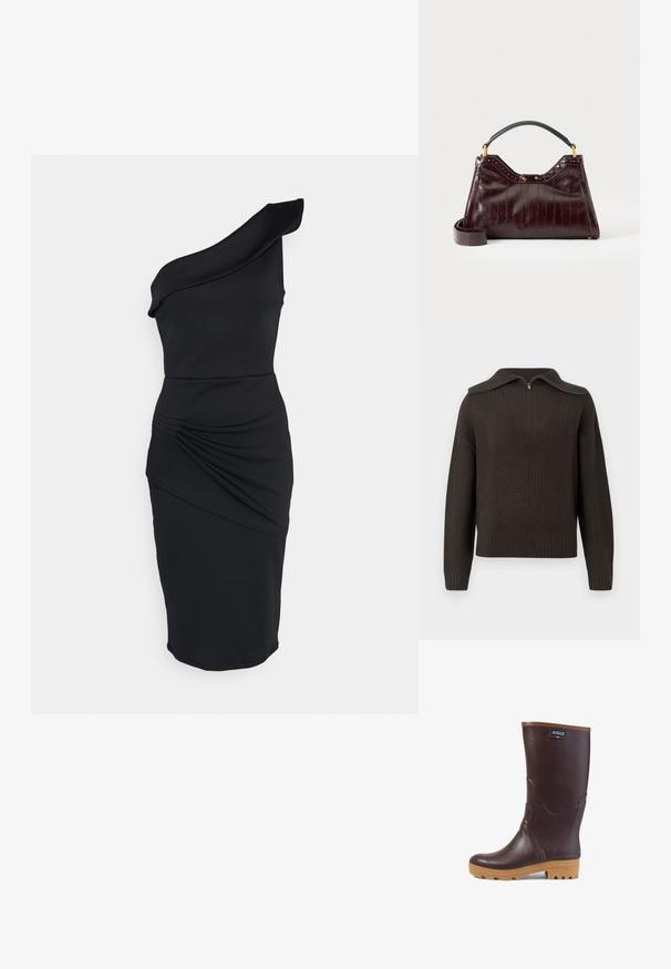Mørkebrun strikket sweater med lange ærmer, lynlås i den brede krave samt ribbede manchetter og kant.; WAL G. BENNY ASYMMETRIC MIDI - Jerseykjole - black; Mørkebrun gummistøvle til midt på skinnebenet med lysebrun sål, tekstureret slidbane og "AIGLE" logo-patch nær toppen.; Mørk bordeaux læderhåndtaske med tekstureret mønster, sort topgreb, guldfarvet hardware og aftagelig skulderrem på hvid baggrund.