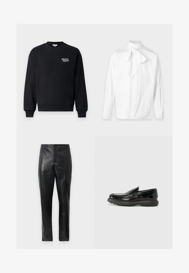 Sort sweatshirt med rund hals, ribbede mansjetter og kant. Har hvidt broderet tekst på venstre bryst. Glat tekstur.; Hvid bluse med lange ærmer med bundet sløjfekrave og manchetknapper på ensfarvet baggrund.; Sorte faux læderbukser med en diskret krokodillestruktur, lige ben, og høj talje, vist mod en simpel hvid baggrund.; Sort læderloafer med en blank finish, rund tå, subtile syninger og en tyk gummisål for holdbarhed.