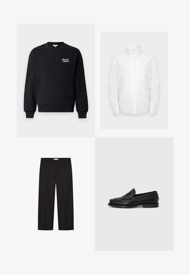 Sweat-shirt noir avec col rond, poignets et ourlet côtelés. Présente un texte brodé blanc sur la poitrine gauche. Texture lisse.; Chemise blanche à manches longues avec col pointu et poche poitrine, présentée sur un fond gris clair uni.; Pantalons larges noirs en tissu lisse. Comprend une fermeture avec bouton et zip, deux poches avant et une finition ourlée nette.; Mocassin en cuir noir avec un détail tissé à l'avant, bout arrondi et petit talon. Texture lisse et design minimaliste.