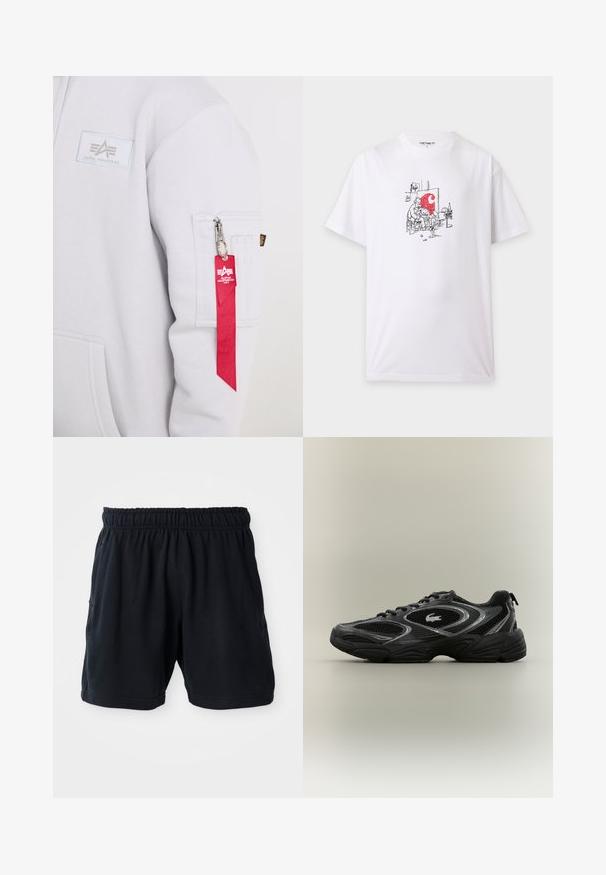 Witte mouw van een Alpha Industries sweatshirt met een zak met rits en een rood stoffen sleutelhangerlabel bevestigd aan de ritssluiting.; Wit T-shirt met kleine zwarte schets van twee personen die schilderen, één zittend en één staand, met een rode vlek op het canvas in een atelier.; Zwarte sportshorts van zachte stof, met een elastische tailleband en twee zijzakken voor gemak.; Zwarte en grijze sport sneaker met meshpanelen, vetersluiting, dikke zool en een klein krokodillologo aan de zijkant.