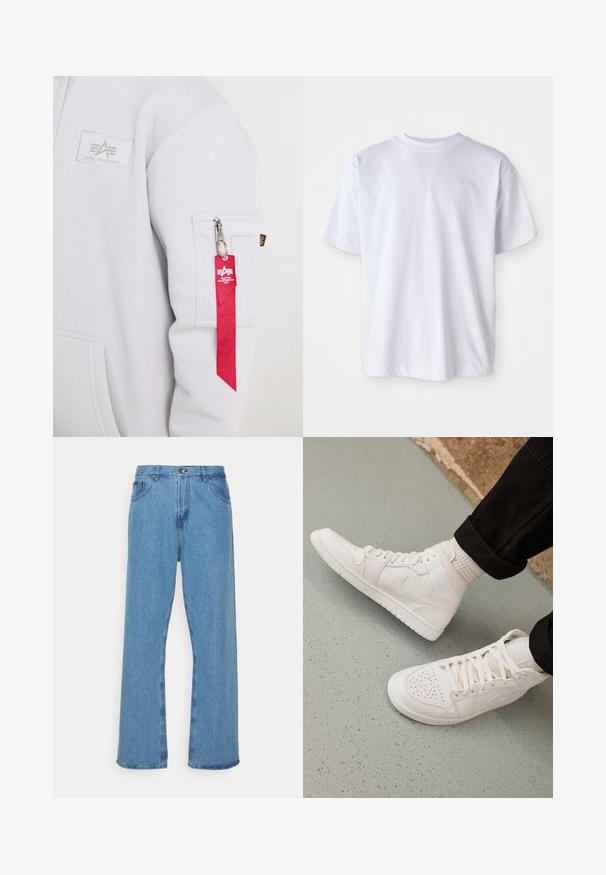 Manga blanca de sudadera Alpha Industries con bolsillo con cremallera y etiqueta de llavero de tela roja unida al tirador de la cremallera.; Camiseta blanca de algodón con cuello redondo y mangas cortas. Presenta un logo sutil bordado en un color a juego en el lado izquierdo del pecho.; Vaqueros anchos de mezclilla azul claro con una cintura alta, que cuentan con un cierre de botón y cremallera, cinco bolsillos y dobladillos deshilachados.; Zapatillas altas blancas hechas de cuero suave con puntera perforada, cierre de cordones y sutil detalle del logo en el lateral. Suela de goma texturizada.