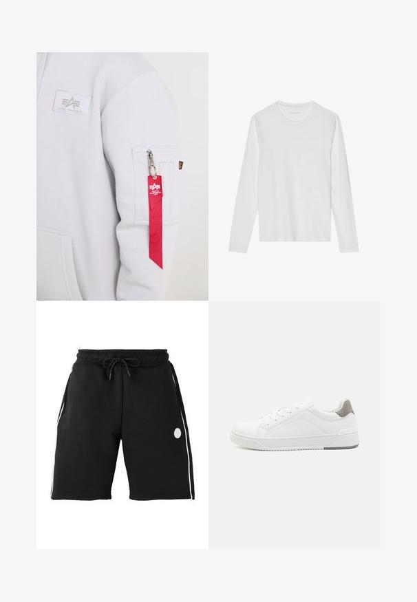 Valge Alpha Industries pusa varrukas, millel on tõmblukuga tasku ja punane riidest võtmehoidja tõmbluku tõmbajal.; Valget pikkade varrukatega t-särk, valmistatud pehmest puuvillast, ümar kaelusega ja sileda tekstuuriga, ilma nähtavate mustrite või aksessuaardeta.; Mustad põlvpikkused lühikesed püksid elastse vöökohaga ja nööriga, valgete vertikaalsete küljeribadega ning väikese ümmarguse logoga vasakul reiel.; Valge tenniseking sileda nahaga, ümar varvas, minimalistlik disain, hall kand, ja tekstureeritud kummist tald.