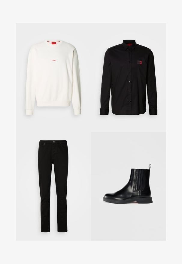 Hvid sweatshirt lavet af blødt stof, med rund hals, lange ærmer og et lille rødt "HUGO"-logo på brystet.; Sort langærmet skjorte lavet af glat stof, med knaplukning, klassisk krave og en lille rød mærke-patch på brystet.; Sorte jeans med lige ben med foran knap- og lynlåslukning, for- og baglommer, vist på en lys ensartet baggrund.; Sorte læder ankelstøvler med elastiske sidepaneler, rund tå, lav blokhæl og pull-tab. Har en glat overflade og et elegant design.