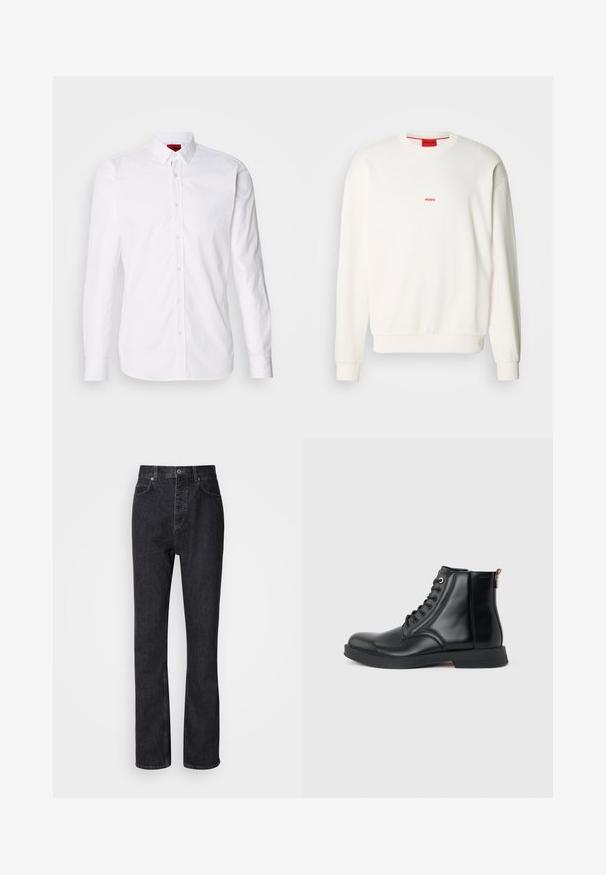 Sweat-shirt blanc en tissu doux, avec un col rond, des manches longues et un petit logo rouge "HUGO" sur la poitrine.; Chemise blanche à manches longues avec col classique, patte de boutonnage à l'avant et texture en coton lisse.; Jean en denim noir taille haute avec fermeture à bouton et à glissière, poches avant et arrière, et coupe droite.; Bottine en cuir noir avec laçage à l'avant, bout arrondi, semelle plate et languette à l'arrière sur un fond uni gris clair.