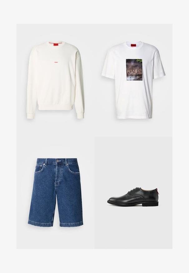 Weißes Sweatshirt aus weichem Stoff, mit Rundhalsausschnitt, langen Ärmeln und einem kleinen roten "HUGO"-Logo auf der Brust.; Weißes Baumwoll-T-Shirt mit einem rechteckigen Grafikdruck und dem Schriftzug "HUGO" auf einer strukturierten, dunklen Oberfläche, umgeben von Grünpflanzen.; Jeansshorts in Dunkelblau, mit geradem Schnitt, zwei vorderen Taschen und einer klassischen Knopfleiste. Genähter Saum mit leichter Ausbleichung.; Schwarzer Herren-Lederschuh mit Schnürung und rotem Zuglasche an der Ferse vor schlichten Hintergrund.