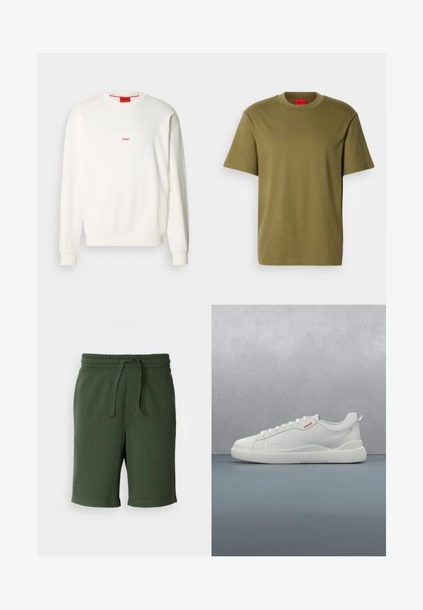 Sweat-shirt blanc en tissu doux, avec un col rond, des manches longues et un petit logo rouge "HUGO" sur la poitrine.; T-shirt en coton vert olive, col rond, manches courtes, logo "HUGO" en relief sur la poitrine, texture lisse, coupe régulière. Étiquette intérieure rouge.; Shorts vert foncé avec une taille élastique, détail de cordon de serrage, poches et un tissu doux en mélange de coton. Longueur mi-cuisse.; Sneaker blanche avec une finition en cuir lisse, bout rond, quatre œillets, perforations subtiles et un détail de logo rouge sur le côté.