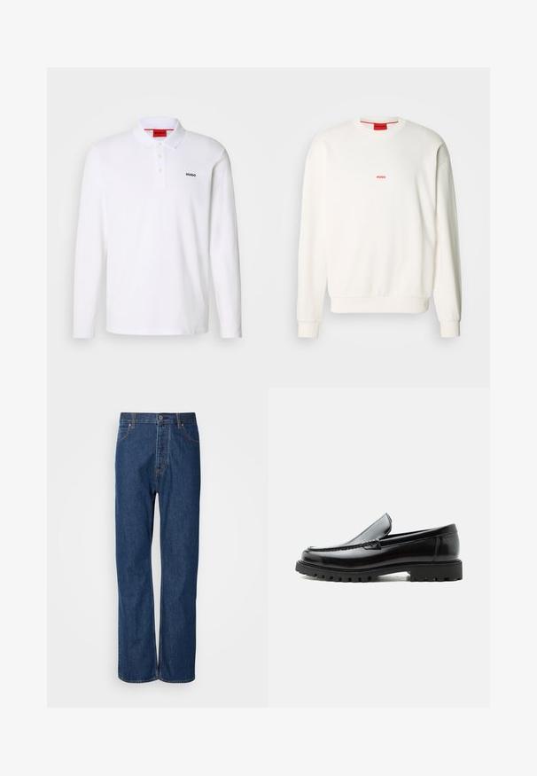 Witte sweatshirt van zacht materiaal, met een ronde hals, lange mouwen en een klein rood "HUGO" logo op de borst.; Witte lange mouwen polo-shirt gemaakt van katoen, met een kraag, een drie-knops sluiting en een zwart "HUGO" logo op de linkerborst.; Blauwe denim jeans met een recht gesneden ontwerp, voorzien van een knoopsluiting, vijf zakken en contrasterende stiksels langs de naden.; Zwarte leren loafer met dikke rubberen zool, gestikte bovenkant en gegraveerde merknaam op de hiel, zijaanzicht op witte achtergrond.