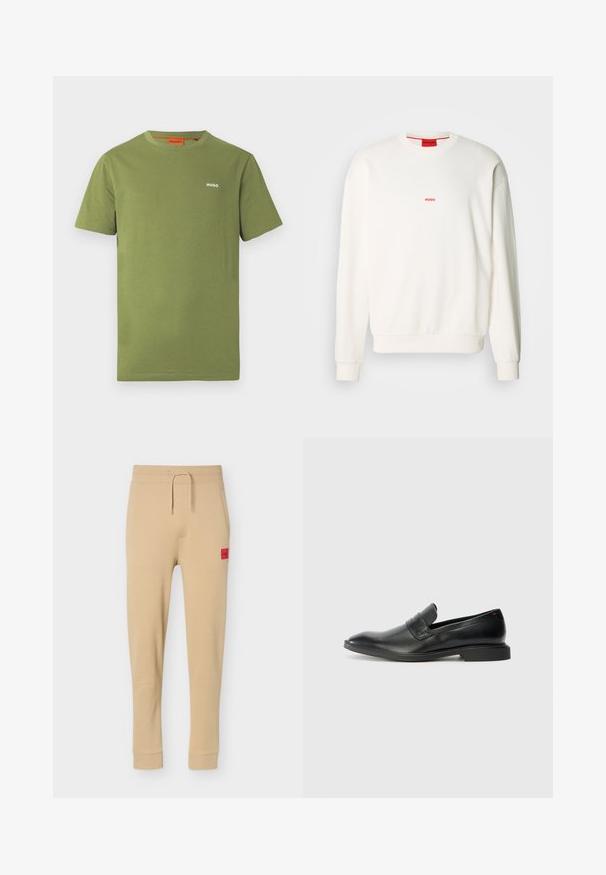 Sweat-shirt blanc en tissu doux, avec un col rond, des manches longues et un petit logo rouge "HUGO" sur la poitrine.; T-shirt en coton vert olive à manches courtes, col rond, logo blanc "HUGO" sur la poitrine, design uni.; Pantalon de survêtement beige fuselé avec taille élastique, cordon de serrage, poches latérales, poignets de cheville côtelés et patch logo rouge sur la cuisse droite.; Mocassins en cuir noir avec une texture lisse, un nez pointu et un petit talon rectangulaire. Présente un détail de bande horizontale sur le dessus.