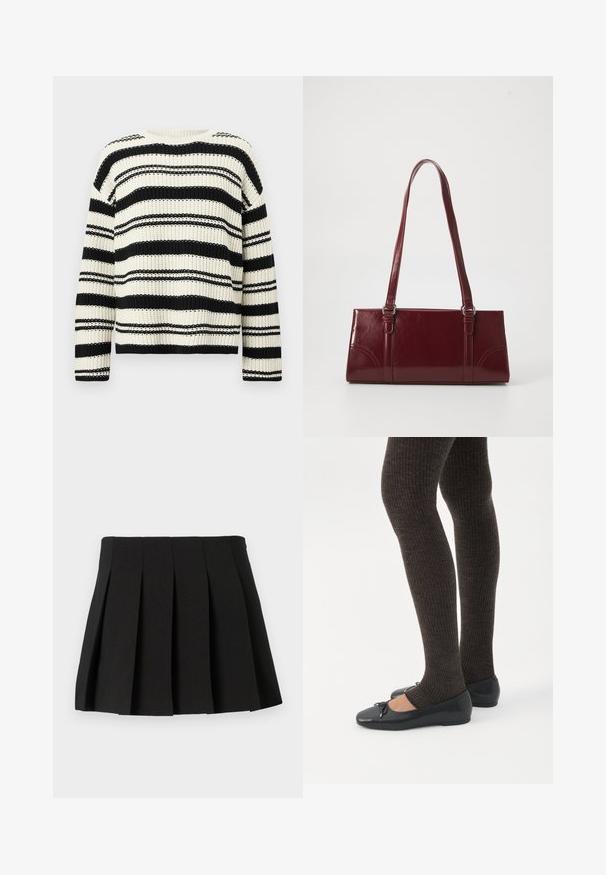 Suéter de punto a rayas horizontales en blanco y negro con mangas largas y cuello redondo.; Mini falda negra con diseño estructurado, hecha de una tela suave. Cuenta con una cinturilla y pliegues verticales espaciados uniformemente.; Piernas con leggings oscuros acanalados combinados con bailarinas negras que presentan pequeños detalles de lazo sobre un fondo blanco.; Bolso burdeos hecho de material brillante, de forma rectangular, con dos asas para el hombro y sutiles acentos curvados en la parte frontal.